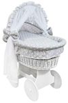 Hooded Wicker Wheel Baby Moses Basket Bassinet Crib with Full Cotton Bedding Set Liner Cover and Mattress - White/White Stars with Grey