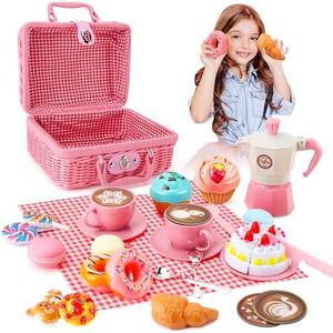 Tea Party Set for Little Girls, 30 Pcs Picnic Basket Set with Carry Case, Teapot, Tea Cup, Dessert & Table Cloth, Pretend Play Toy Gifts for Kids 4 5 6 Year Old (Pink)…