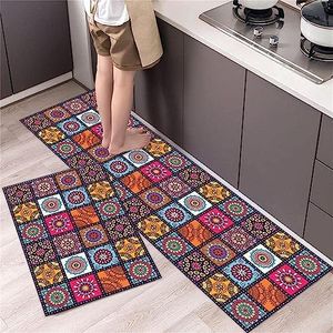 Kitchen Rugs & Mats 2 Piece Set, Anti-Fatigue Waterproof Non-Slip Colorful Kitchen Mat and Absorbent Runner Rugs, Washable Comfort Standing Mat for Kitchen, Sink, Bathroom, Doorway