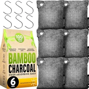 Charcoal Odor Absorber for Strong Odor (6 Pack, 100g each), Bamboo Charcoal Air Purifying Bag, Basement Musty Odor Eliminator Deodorizer, Activated Charcoal Odor Absorber for Closet, Shoe, Car