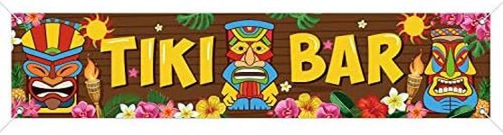 Tiki Banner Happy Luau Party Decoration, Tiki Totem Tiki Bar Aloha Scene Setters for Hibiscus Decorations Carnival Hawaii Party Tropical Banner Wooden House Barn Bann Backdrop 15.7 x 72 Inch