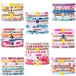 FINZOR 58Pcs Preppy Heishi Bracelets Set Colorful Evil Eye Beaded Polymer Clay Pearl Stackable Charm Y2K Summer Beach Bohemian Layering Bracelets Jewelry for Women, 6.2 Inch, Acrylic, no gemstone