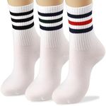 COTTON DAY Womens Soft Cotton White Athletic Crew Socks With Retro Stripes BBH Shoe Size 6-9