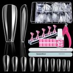 Teenitor 600 Pcs Clear Coffin Nail Tips, Acrylic Nail Kit, Clear Press On Nails, Long Fake Nails Coffin Nail Tips Full Cover, Acrylic Nail Clipper Nail Stand for False Nails