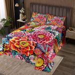 Erosebridal Boho Floral Quilted for Bedroom, Bohemian Bedspread, Garden Plant Jungle Coverlet Set Colored Flower Bedspread Quilt Set, Multicolor Queen Size