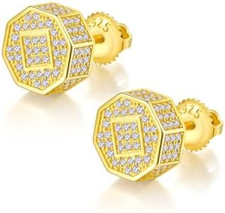 Vxddy Stud Earrings for Men Women Screw Back Octagon 18K Gold Plated Sterling Silver Hypoallergenic Mens Brilliant Earring Studs