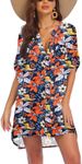 AI'MAGE Women's Swimsuit Cover Ups Shirt V-Neck Button Down Bathing Suit Coverups Beach Tunic Top S-3XL, Large, Blue-Orange Floral