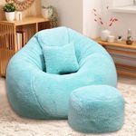 Comfy 4XL Bean Bag with Beans Filled - Imported Premium Fur Bean Bag Sofa : with Free Cushion and Footrest - Furry Fusion Softness and Luxurious Comfort (Matching Color : Soft Fur, Sea-Blue)