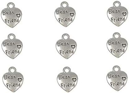 ALIMITOPIA 60pcs BEST FRIEND Lettering Charm Peach Heart Shape Double-side pendant for DIY Bracelet Necklace Jewelry Making Findings(Silver Tone), Small, Zinc