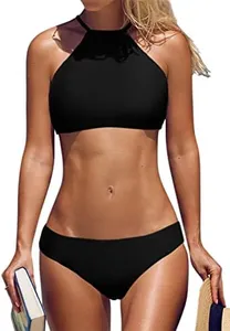 beautyin Women Black Halter Top High Neck Swimsuit Two Piece Cross Back Bikini