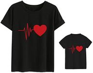 Heartbeat Love Funny Mom Son Daughter Matching T-Shirts Mother & Daughter Matching Set Mom & Baby Shirts, Black, 7 Years