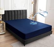 Sufdari Waterproof Mattress Protector double,135x200cm Mattress Cover for Bed,30cm Deep Pocket Fitted Sheet Style Mattress Protector with Elastic Rubber Band-Navy Blue