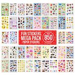 Children Stickers for Scrapbooking, Crafting, Decorating - OVER 850 Self Adhesive Paper Stickers 48 Designs - Party Bag Fillers for Kids, Boys Girls & Teacher Rewards - Animals, Dogs, Cars, Princess