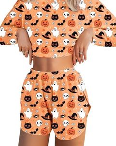 JUSTFASHIONNOW Halloween Pajamas for Women Printed 2 Piece Lounge Set Casual Long Sleeve Loungewear Matching Sleepwear Long Sleeve Top and Shorts Fall Winter Outfits (Orange, X-Large)