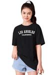LOCAVESTIR Girls Printed Round Neck, Regular Loosefit Longline Drop Shoulder Boho Style T-Shirt, Los Angeles Black 10-11Y