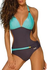 JFAN Mujer Traje de Una Pieza V-Cuello Top Halter Bikini Push Up Ropa de Baño Bloque de Color Retro Corte Alto Monokini Verde Lago XL