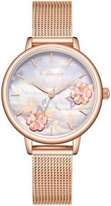 Alienwork Reloj Mujer Oro Rosa Banda de Malla Metálica Blanco Esfera de Nácar Elegante