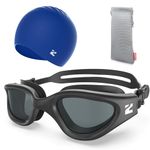 ZIONOR G1 Lite Swimming Goggles and Swim Cap Set Comfortable Anti-fog Swim Goggles for Adult Men Women (B2(allblack-smoke+c5 Blue))