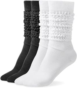 HONGTEYA Slouch Socks for Women 2 Pairs Scrunch Knee High Boot Socks Soft Long Socks (White/Black)