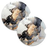 Nipichsha Car Coaster for Cup Holders, 2 Pack Absorbent Ceramic Car Cup Holder Coaster for Drinks, Cute Car Assecories for Women Men, Size 2.56" with Finger Notch & Cork Base, Black White Marble