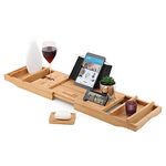 Homiu Bamboo Bath Caddy | Extendable | 100% Natural Bamboo Wooden Bathtub Tray with Book & Tablet Stand | Luxury Wine Glass Candle Holder | Natural Wood | Extending Organiser for Bathroom Jacuzzi