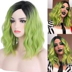 BERON 14 Inches Ombre Green Wig Short Curly Wig Bob Wig Matcha Green Wigs Women Girls Beach Wave Wigs for Cosplay Costume Party Wig Cap Included