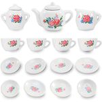 17 Piece Rose Flower Porcelain Ceramic Tea Set Kitchen Playset