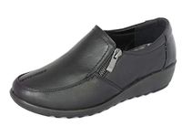 Cushion Walk Wide Fitting EEE Shoes Women's Ladies Lightweight Black Faux Leather Slip-on Flat Zip Shoes, Flats, Casual Work Office Comfort Shoes (5 UK, Black)