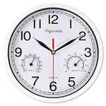 Vigorwise 8 Inch White Wall Clock, Sweep Silent Movement Accurate Clocks with Temperature & Humidity, Decorative for Kitchen/Living Room/Bedroom/Office/School/Classroom