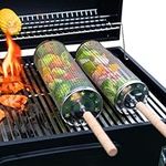 LANEJOY Rolling Grill Baskets with Handle (2 PCS), 304 Stainless Steel Grill Nets for Outdoor Grill, BBQ Accessories Gift for Men (11.2" x 3.9")