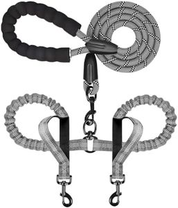 Dog Leash, Double Dog Leash for Two Dogs, Heavy Duty Adjustable Dual Dog Leash No Tangle, Bungee Retractable Split Multiple Leash for Walking 2 Dogs, Dog Poop Bags Trip Essentials (5.5FT-1/2”, Grey)