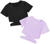 Milumia Girl's 2 Piece Cut Out Crisscross Tee Crop Tops Short Sleeve Round Neck T Shirts Purple and Black 11-12 Years