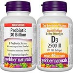 Webber Naturals Probiotic 30 Billion Active Cells, 8 Probiotic Strains, 30 Capsules, For Digestive Health, Vegetarian & Vitamin D3 2500 IU Extra Strength, 180 Softgels, For Healthy Bones, Teeth