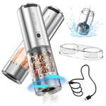 CIRCLE JOY Electric Salt and Pepper Grinder Set Stainless Steel Rechargeable Salt and Pepper Grinder Set, Variable Grinding Speed, External Adjustable Coarseness, Storage Base, White LED Light, Silver