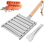 LOQJSS Hot Dog Roller for Grill,with Metal Spatula and Long Wooden Handle,Stainless Steel Sausage Roller Rack,BBQ Hot Dog Girller for Evenly Cooked Hot Dog,5 Hot Dog Capacity