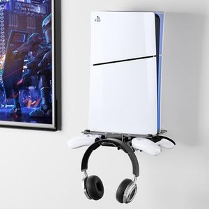 ZHGM Foldable Wall Mount Kit for PS5 Slim/Pro/PS5 Original, Metal Shelf Wall Mount for Playstation 5 Console Disc/Digital with 2 Controller Holder & 1 Headset Hanger, Saving Space PS5 Mount, Black