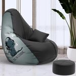 Biggie Bean Bag with Beans Filled 5XL Bean Bag with Free Cushion and Footrest - Official : Beanchic Combo (Matching Color : Printed, Yah I Am Listening - Black Grey) - Faux Leather