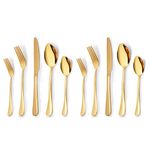 YELONA Set of 10 Premium Golden Daily Use Cutlery Stainless Steel Luxury Dinnerware Flatware Serving Dinner Spoon Fork Knife Reusable Mirror Finish for Home Kitchen Dining Table and Gifts