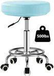 LIMKOMES Adjustable Rolling Stool with Wheels Heavy Duty 500lb Round RollingStool with Footrest, Patent Leather Drafting Stool Chair with Wheels Work Spa Salon Seat,Blue