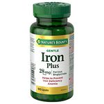 Nature's Bounty Gentle Iron Supplement, Helps Prevent Iron Deficiency Anemia, 28mg, 90 Capsules, Multi-colored