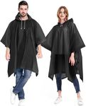 Rain Ponchos 2 Packs for Adults with Drawstring Hood - Emergency Rain Coat for Theme Park, Hiking, Camping or Traveling (Black)