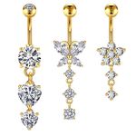 Crdifu 3pcs Belly Button Bars 10mm Gold 14G Navel Rings Surgical Steel Butterfly Heart Flower Dangle Belly Piercing Jewellery