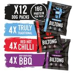 BEEFit Biltong Beef Jerky Flavour Fest - One Bag of Each Flavour - Traditional, Red Hot Chilli & BBQ - Healthy High Protein Snacks, Gluten Free, Perfect for On-The-Go (12x30g)