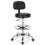 COSTWAY Ergonomic Drafting Chair, Height Adjustable Stool Swivel Office Chair with Backrest and Adjustable Footrest, Mid-Back Leather Padded Rolling Stool Task Desk Chair for Home Office Studio, Black