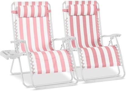 Best Choice Products Set of 2 Extra Wide Adjustable Steel Mesh Zero Gravity Lounge Chair Recliners w/Pillows and Cup Holder Trays - Flamingo Stripes/White