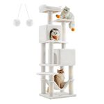 Feandrea Cat Tree, 61-Inch Cat Tower for Indoor Cats, Plush Multi-Level Cat Condo with 5 Scratching Posts, 2 Perches, 2 Caves, Hammock, 2 Pompoms, Cream White UPCT192T01