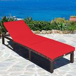 COSTWAY Rattan Sun Lounger, Adjustable Deck Chaise Sunbed with Removable Cushion, Outdoor Wicker Reclining Chair for Patio, Garden, Poolside and Beach (Red, 6-Position Height)