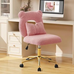 Furnimart Swivel Desk Chair Cute Vanity Chair with Kawaii Backrest & Lumbar Pillow, Armless Comfy Faux Fur Accent Chairs for Dorm Makeup Room, Bedroom, Teenage Girls (Pink)