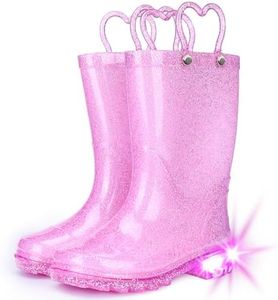 Funspread Toddler Rain Boots Girls Rain Boots - Glitter Light Up Kids Rain Boots with Easy-On Handles Lightwight Waterproof Rain Shoes Glitter Pink Size 10