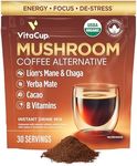 VitaCup Mushroom Coffee Alternative Instant Drink Mix | Mushroom Based Coffee Substitute for Natural Energy & Focus | Lion’s Mane, Yerba Mate, & Chaga | Cacao, Cinnamon, & B Vitamins | 30 Servings